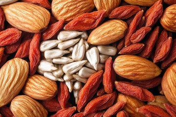 Fototapeta premium Natural goji berry snack. Mixed nuts and seeds in a vibrant, healthy arrangement.