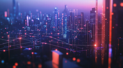 Obraz premium Smart digital Innovation city with connection network reciprocity over the twilight cityscape. of future smart wireless digital city and social media networking systems that connects people with city 