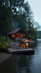 Cozy Lakeside Cabin at Dusk