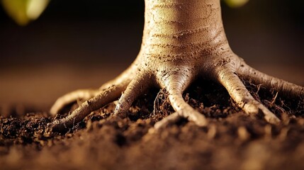 Extreme Close-up of Ficus Roots in Soil - A detailed image of tree roots, symbolizing grounding, growth, strength, resilience, and connection to nature.