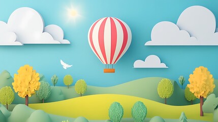 Paper Art Hot Air Balloon Adventure: A Serene Flight Over Dreamy Landscape