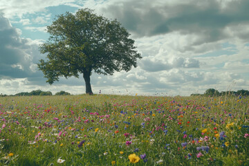 Fototapeta premium A lush field of vibrant flowers with a solitary tree and calm, picturesque surroundings.