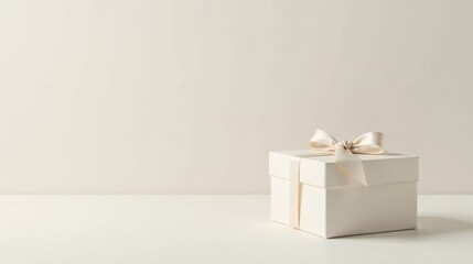 A single elegantly presented gift box, tied with a cream-colored ribbon, sits on a neutral surface against a minimalist backdrop.