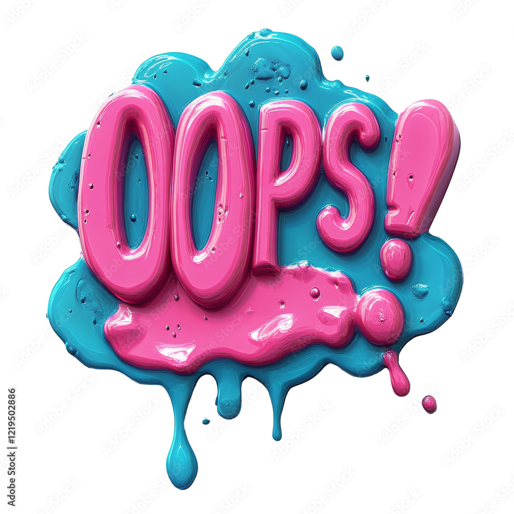 Poster a 3d rendering of the word oops with an exclamation mark in pink letters on a blue liquid background