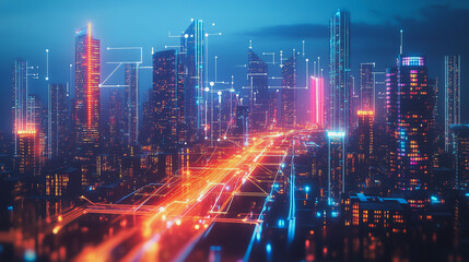 Obraz premium Smart digital Innovation city with connection network reciprocity over the twilight cityscape. of future smart wireless digital city and social media networking systems that connects people with city 