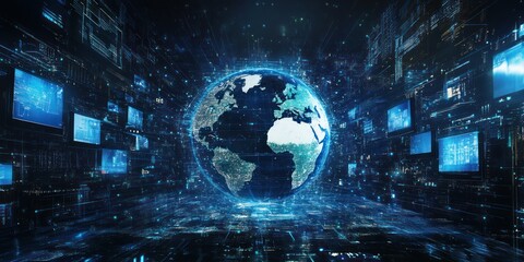 A digital representation of Earth surrounded by technology and data visuals.