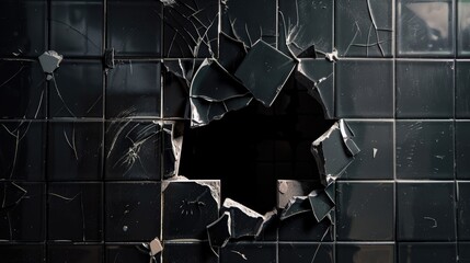 A ceramic glossy tile wall with realistic cracks and tiles broken, forming a hole that shows a dark black background behind it