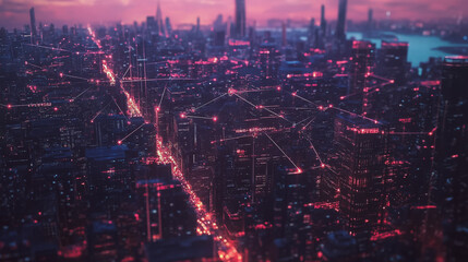 Fototapeta premium Smart digital Innovation city with connection network reciprocity over the twilight cityscape. of future smart wireless digital city and social media networking systems that connects people with city 