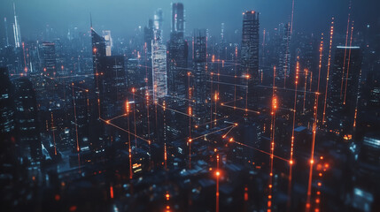 Obraz premium Smart digital Innovation city with connection network reciprocity over the twilight cityscape. of future smart wireless digital city and social media networking systems that connects people with city 