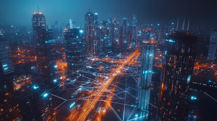 Fototapeta premium Smart digital Innovation city with connection network reciprocity over the twilight cityscape. of future smart wireless digital city and social media networking systems that connects people with city 