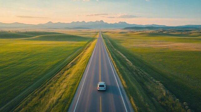 Scenic Road Trip: A lone car drives along a long, straight highway across a vast, green landscape. - Powered by Adobe
