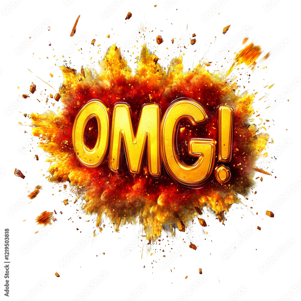 Poster A 3D rendered image shows the word OMG in shiny gold letters exploding from a fiery orange and yellow burst against a black background.