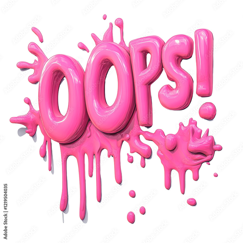 Poster A 3D rendering of the word Oops in pink glossy paint with drips and splashes against a black background.