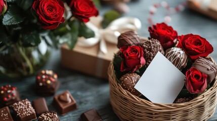 A stunning combination of red roses and a variety of chocolates presented beautifully, perfect for gifting or romantic occasions, creating an atmosphere of warmth and affection.