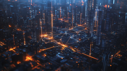 Fototapeta premium Smart digital Innovation city with connection network reciprocity over the twilight cityscape. of future smart wireless digital city and social media networking systems that connects people with city 