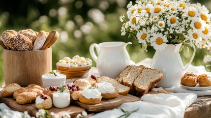 A vibrant display of fresh flowers and an assortment of pastries set in a sunny outdoor scene, ideal for summer gatherings and enjoying delightful moments with loved ones.