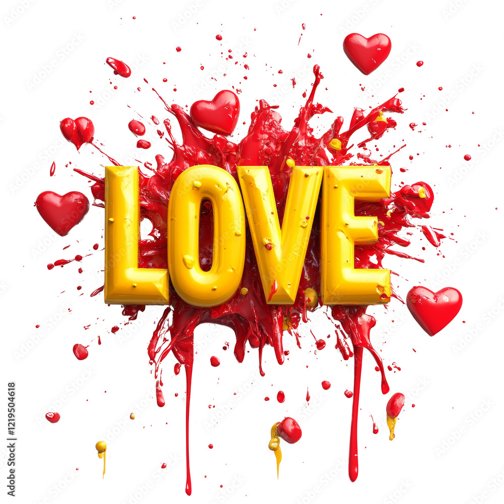 Poster a 3d rendering of the word love in yellow, surrounded by a red paint splash and hearts.