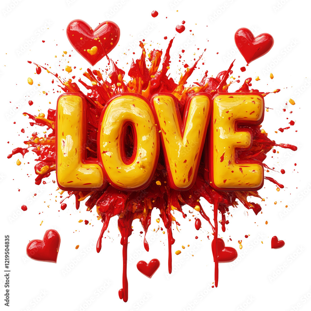 Poster a 3d rendering of the word love in yellow and red paint splash with smaller hearts.
