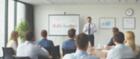 Fototapeta premium Blurred background of an employee presenting a new project idea while colleagues take notes during the meeting, wide