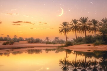 Obraz premium Crescent Moon and Star Reflect in a Tranquil Desert Oasis Framed by Palm Trees at Dusk