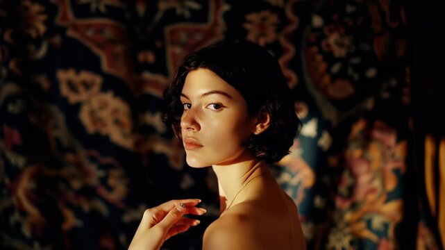 A young woman with dark hair gazes intently at the camera against a backdrop of ornate tapestry.  Her bare shoulders and direct gaze create a sense of intimacy and vulnerability.
