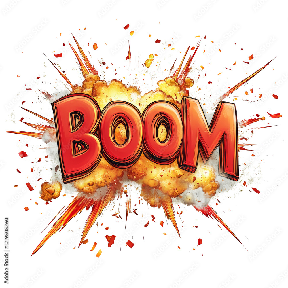 Poster a dynamic graphic design depicting the word boom amidst a fiery explosion showcasing vibrant colors 