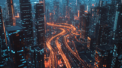 Fototapeta premium Smart digital Innovation city with connection network reciprocity over the twilight cityscape. of future smart wireless digital city and social media networking systems that connects people with city 