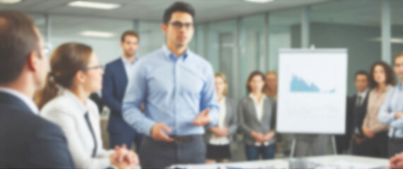 Blurred background of a manager explaining strategic goals to employees in a sleek, minimalist office, wide
