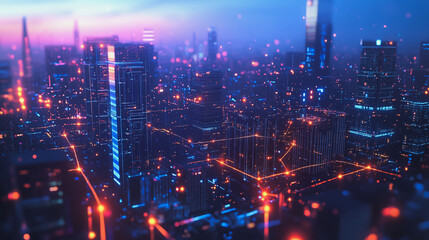 Fototapeta premium Smart digital Innovation city with connection network reciprocity over the twilight cityscape. of future smart wireless digital city and social media networking systems that connects people with city 