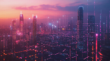 Fototapeta premium Smart digital Innovation city with connection network reciprocity over the twilight cityscape. of future smart wireless digital city and social media networking systems that connects people with city 