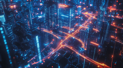 Obraz premium Smart digital Innovation city with connection network reciprocity over the twilight cityscape. of future smart wireless digital city and social media networking systems that connects people with city 