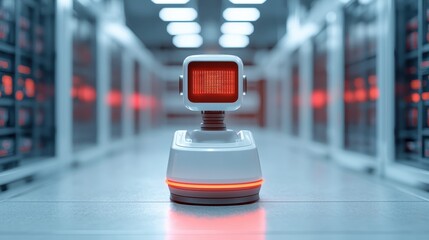 A compact robot with a red display navigates a futuristic data center filled with servers, showcasing advanced technology and automation.