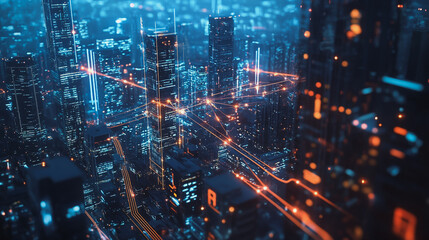 Naklejka premium Smart digital Innovation city with connection network reciprocity over the twilight cityscape. of future smart wireless digital city and social media networking systems that connects people with city 