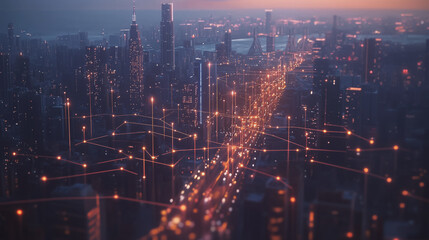 Fototapeta premium Smart digital Innovation city with connection network reciprocity over the twilight cityscape. of future smart wireless digital city and social media networking systems that connects people with city 