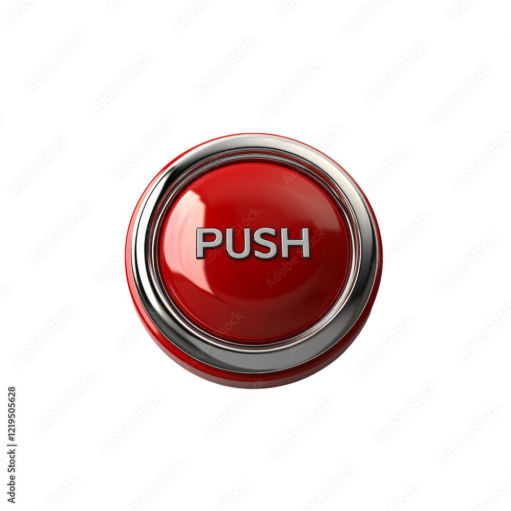 Poster The image shows a glossy red push button with a metallic silver ring surrounding it.