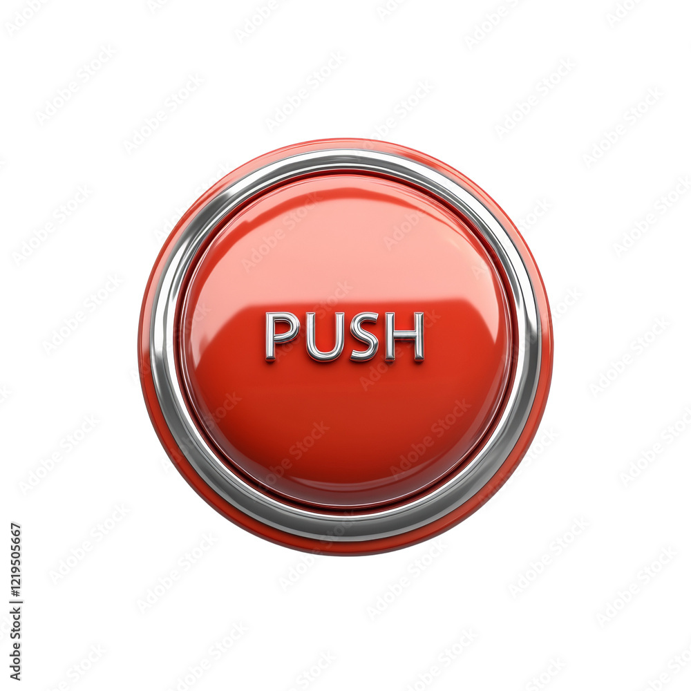 Poster A 3D rendered image of a red push button with a silver metallic ring and the word push inscribed on it.