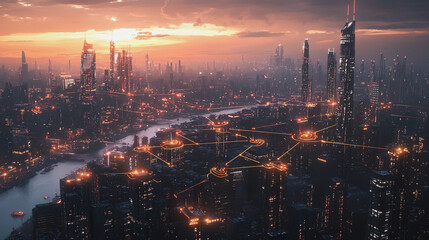 Obraz premium Smart digital Innovation city with connection network reciprocity over the twilight cityscape. of future smart wireless digital city and social media networking systems that connects people with city 