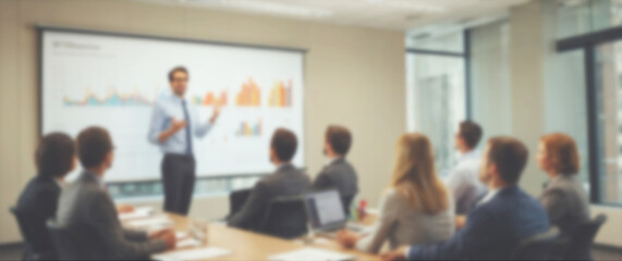 Blurred background of a professional sharing insights during a collaborative meeting in a modern corporate setting, wide