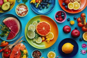 A vibrant flat-lay featuring fresh fruits, berries, and colorful plates arranged artistically.