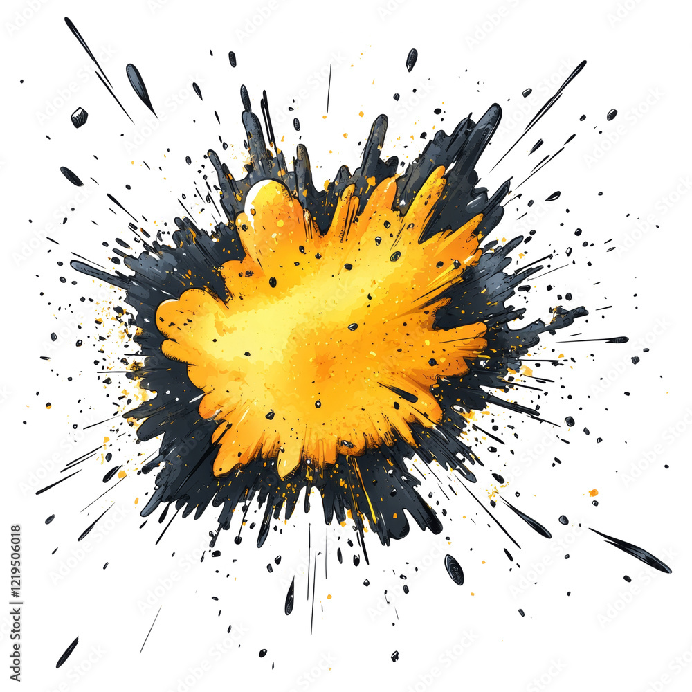 Poster the image shows a stylized abstract explosion of yellow and grey paint against a black background.