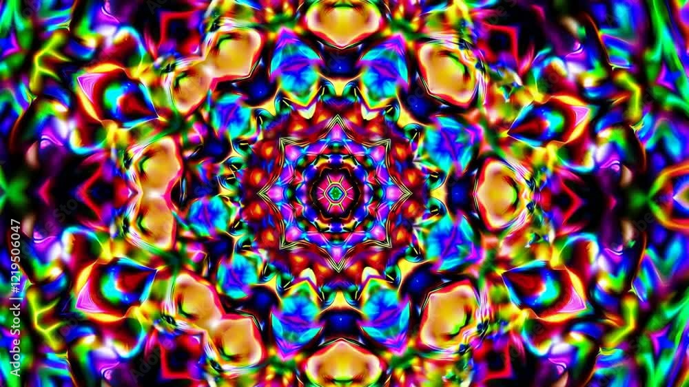 Poster Colorful kaleidoscope pattern with abstract geometric shapes and vibrant symmetry, psychedelic art concept