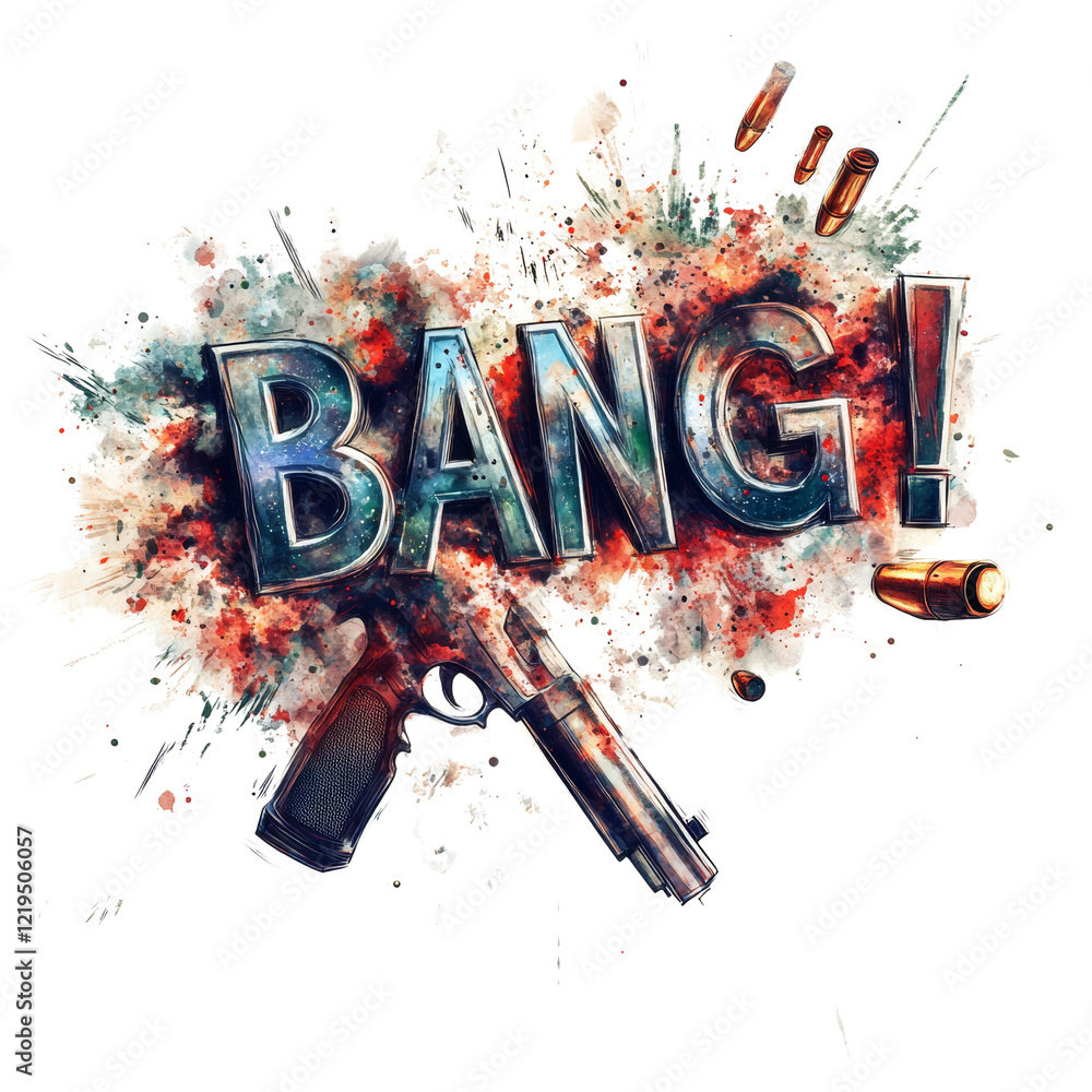 Poster A stylized watercolor painting depicts a handgun with the word Bang and scattered bullets creating a dynamic and intense image.