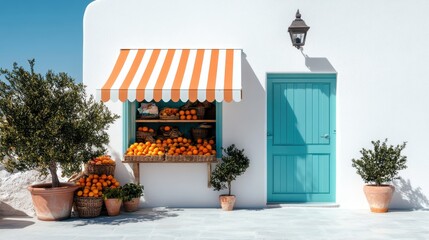This cheerful image displays a quaint storefront filled with vibrant oranges and adorned with a striped awning, creating an inviting atmosphere in a picturesque setting.