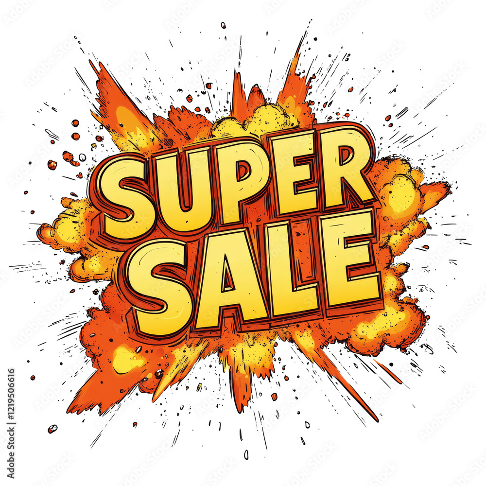Poster a dynamic comic book style graphic announcing a super sale with an explosion effect.
