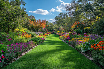 Obraz premium Vibrant Garden Path Blooms Along Lush Green Grass