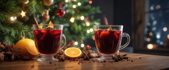 Glowing lights, fragrant mulled wine, citrus, star anise, Christmas tree backdrop ,  warmth,  delicious drink,  holiday season