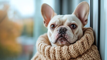 Fototapeta premium A thoughtful French Bulldog gazes outside through a window, capturing a moment of reflection and curiosity, showcasing the bond between pets and their environment.