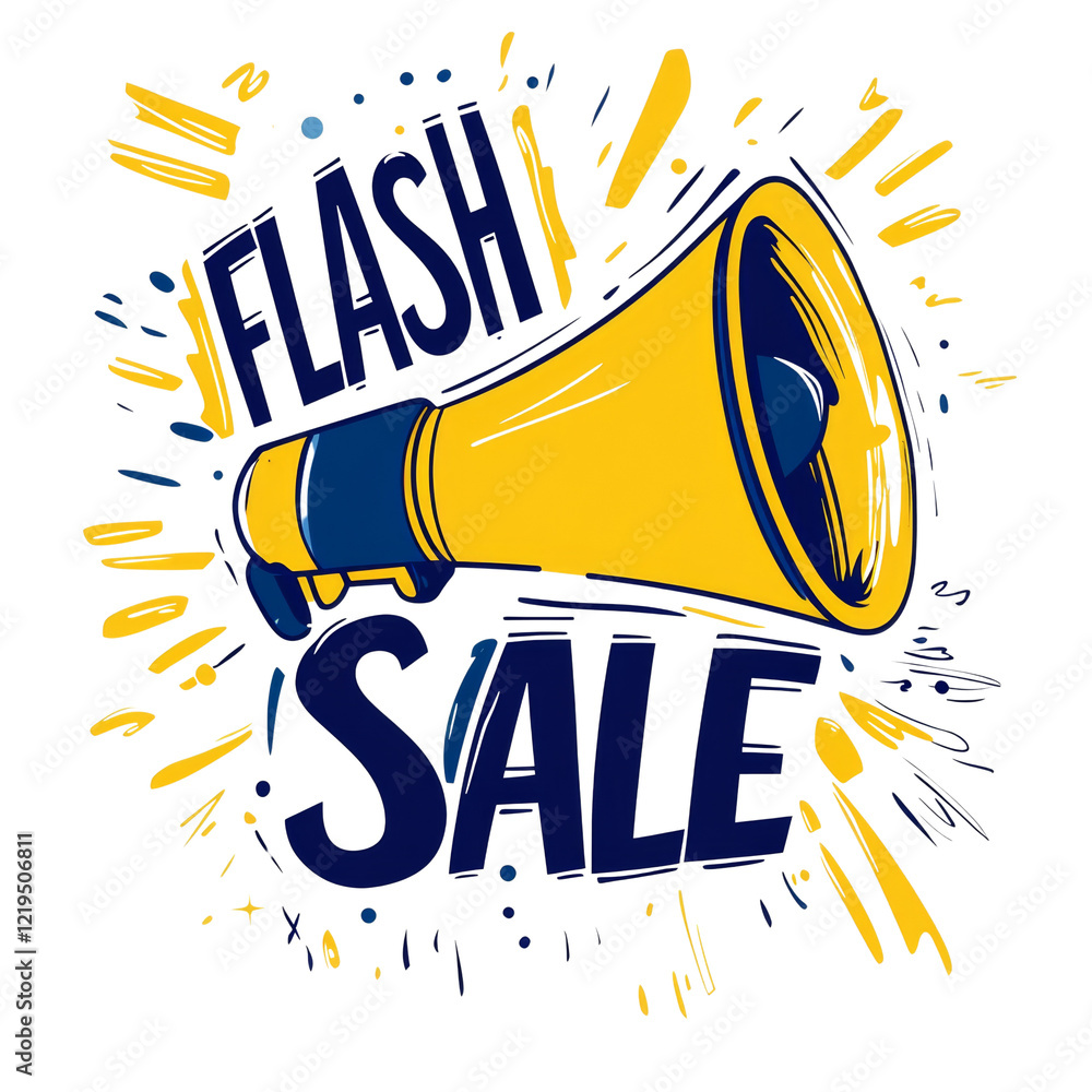 Poster A vibrant graphic depicting a megaphone announcing a flash sale with bold typography and dynamic visual elements.