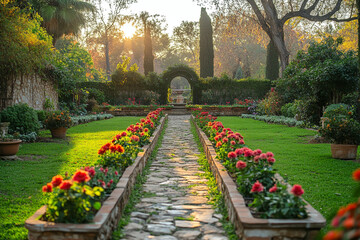 Obraz premium Sunlit Garden Path With Red Flowers And Stone Walls