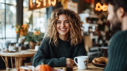 A cheerful woman with curly hair enjoys a warm beverage in a cozy caf&eacute;, radiating joy and warmth as she engages in a moment of leisurely bliss.